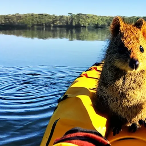 Image similar to a quokka paddling a kayak on a lake