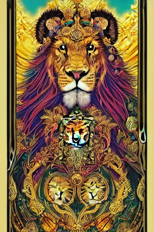 Image similar to beautiful and colorful fractal tarot card featuring an ornate, realistic, and regal viking lion by Dan Mumford, by Jim Fitzpatrick, by joe wilson, featured on deviant art, trending on artstation