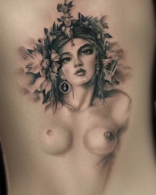 Image similar to realism tattoo sketch of a beautiful greek goddess aphrodite with piercing eyes wearing a laurel wreath and triangle earrings, in the style of greg rutkowski, amazing detail