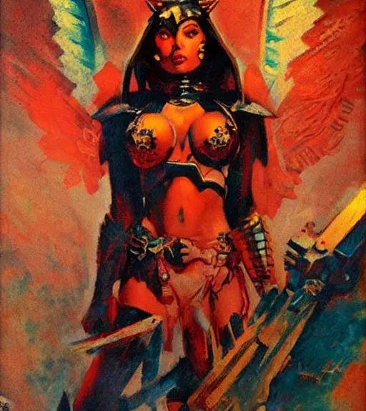 Image similar to portrait of strong iranian female chaos angel, beautiful! coherent! by frank frazetta, by brom, strong line, vivid neon color, shining metal power armor, iron helm, high contrast, maximalist