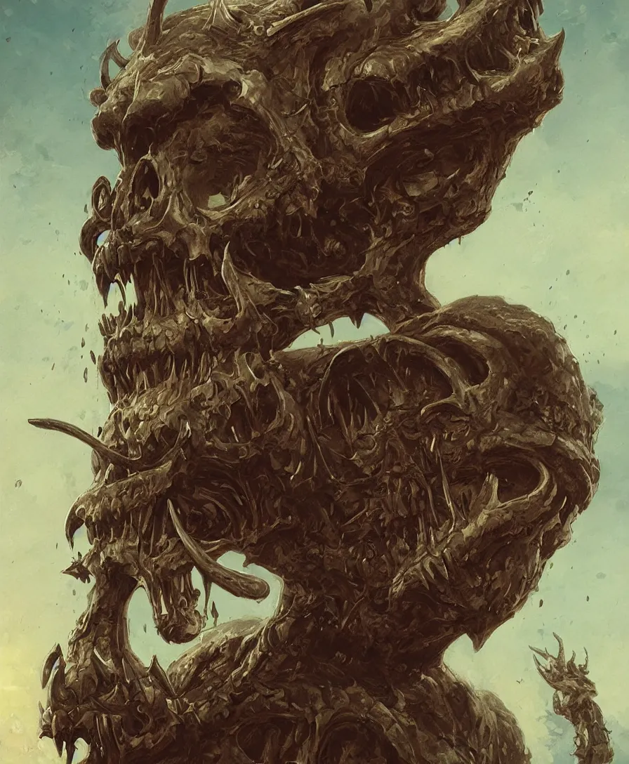 Prompt: portrait close up giant skull and bones devil, illustrated by Simon Stålenhag and Gaston Bussiere, intricate, ultra detailed, photorealistic, trending on artstation