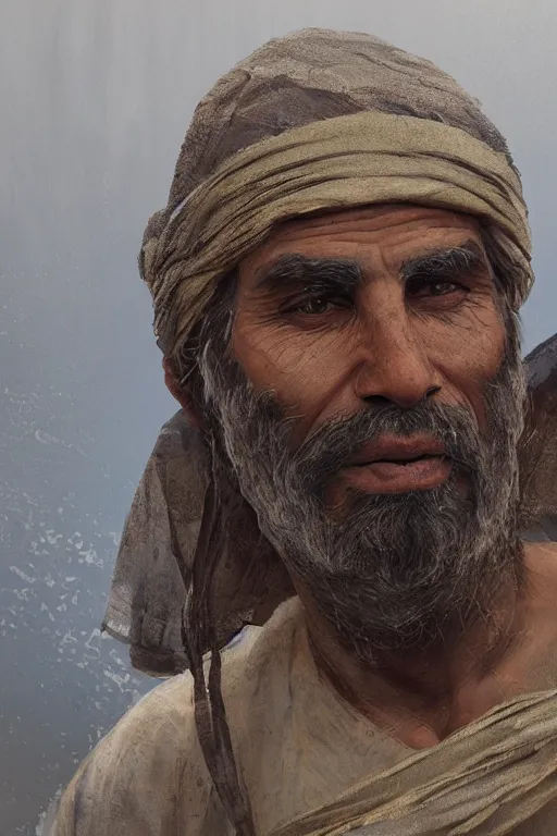 Image similar to mesopotamian fisherman, close-up portrait, poor, intricate, elegant, volumetric lighting, scenery, digital painting, highly detailed, artstation, sharp focus, illustration, concept art, ruan jia, steve mccurry and Irakli Nadar