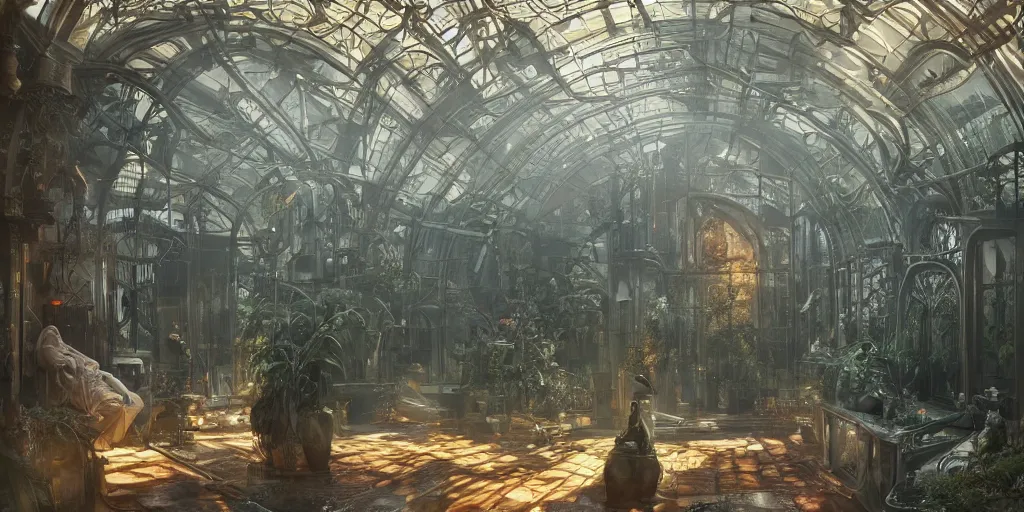 Prompt: octane render, ultra photorealistic, hyper detailed, unreal engine, aisles of amber liquid hyperbaric chambers preserving human bodies, breathtaking sci - fi gothic victorian greenhouse terrarium artwork by james cameron, greg rutkowski, alphonse mucha, james gurney inspired by blade runner 2 0 4 9