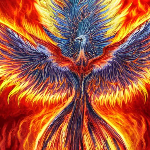 Prompt: hyperdetailed image of a phoenix with its full body flaming and wings spread 8 k extremely detailed hd hyperrealism firry