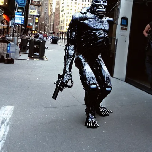 Image similar to terminator ape walking down new york streets