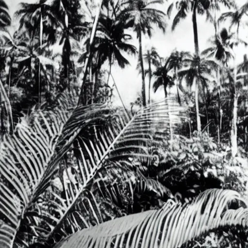 Image similar to a rizom lost film footage of a 3 d shape in the middle of the tropical jungle / shape / shape / tropicalism / tropicalism / film still / cinematic / enhanced / 1 9 2 0 s / black and white / grain