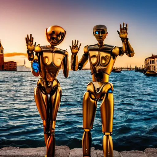 Image similar to two humanoid robots who faill in love in venice, sunset golden hour