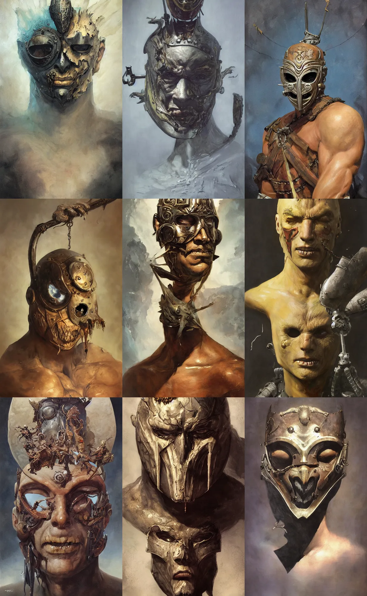 Prompt: A mixed media portrait painting of a man in the mask of damocles, detailed mask, detailed jaw and eyes, by Frank Frazetta, Boris Vallejo, Greg Rutkowski, Beeple, Yoko Taro, Christian MacNevin, epic fantasy character art, roman numerals, high fantasy, CGsociety, full length, exquisite detail, post-processing, masterpiece, cinematic, coliseum backdrop