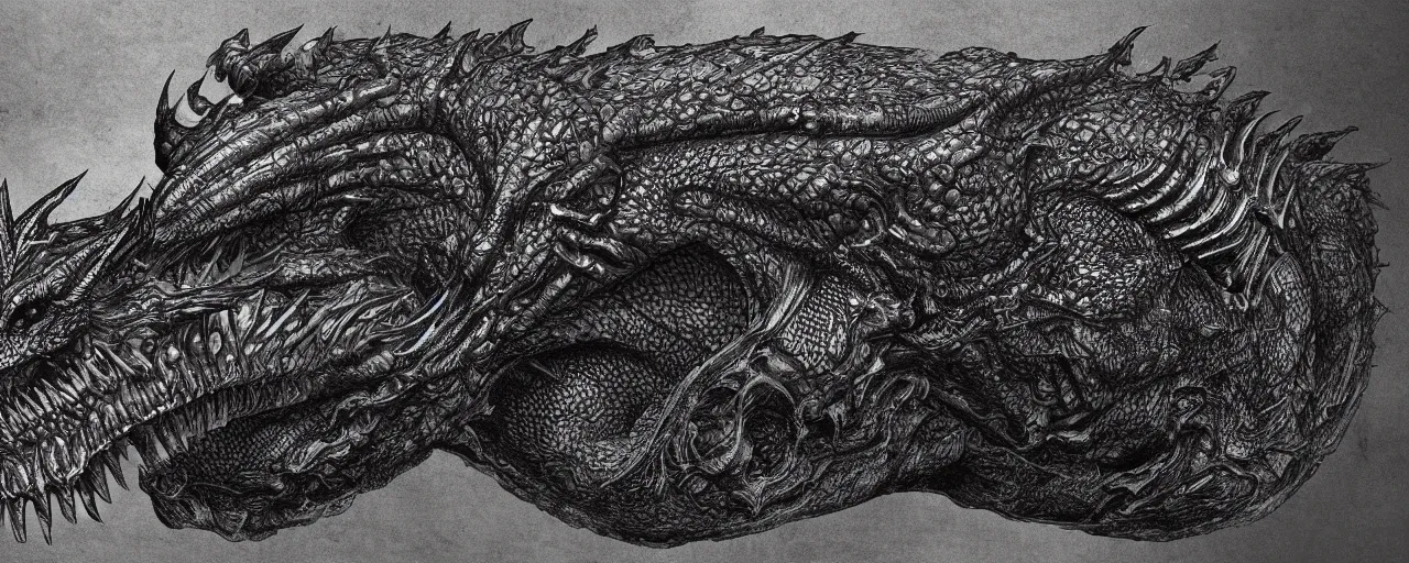 Image similar to full body, cross section of a large black scaled dragon, 3D, 8k resolution, by H R Giger