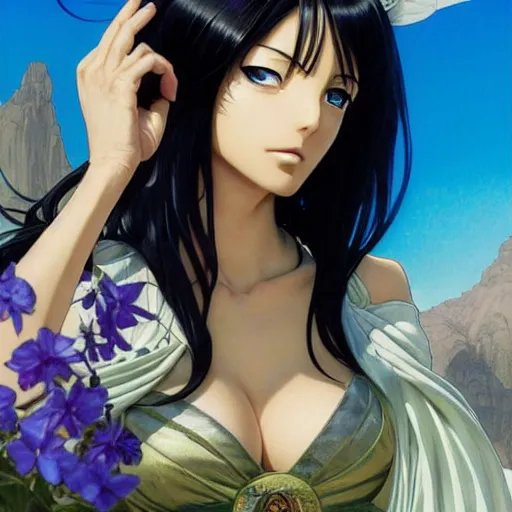 Image similar to highly detailed vfx portrait of nico robin by eiichiro oda!, tom bagsha, makoto shinkai, alphonse mucha, sharp focus, art by artgerm and greg rutkowski!, harsh overhead sunlight, blue eyes!!, large aquiline nose!!, stanley kybric, kaoru mori, intricately detailed, best of behance,