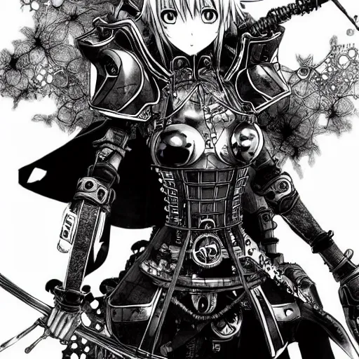 Image similar to a vertical portrait of an anime character in a scenic environment by yoshitaka amano and nihei tsutomu, black and white, dreamy, steampunk armor, highly detailed