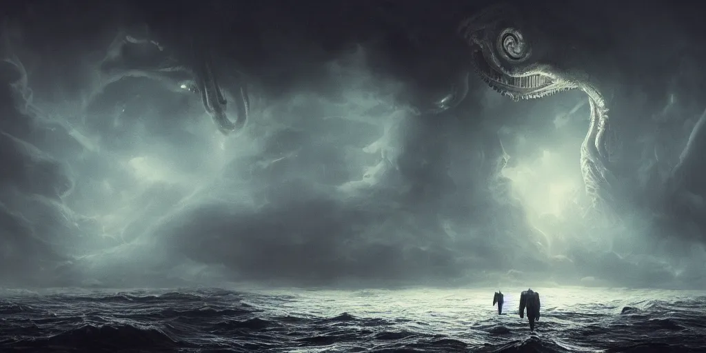 Prompt: gargantuan lovecraftian alien in the dark, timid, humidly horrific sky, floating atop a tumultuous ocean, dark blue atmosphere, vignette, beautiful lighting, shot by h. r. giger, trending on artstation, cgsociety contest winner, 4 k, 8 k