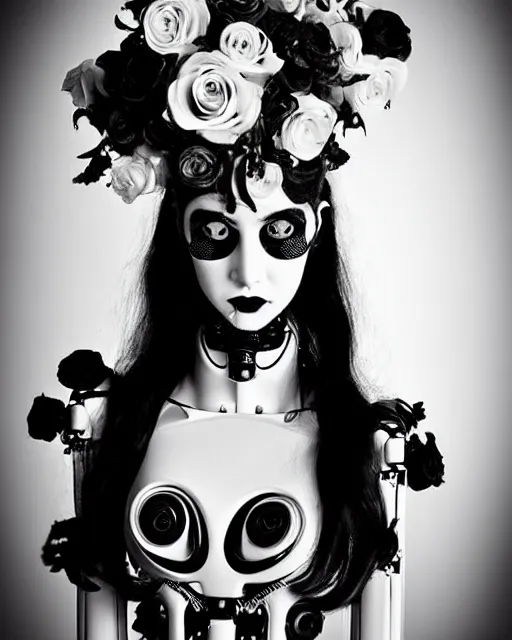 Prompt: dreamy surreal poetic black and white photo of a beautiful young bio-mechanical-female-cyborg-plastic-robot with a very long neck and a super big gothic lace collar and a very high big floral crown with many black dry roses by Vivienne Westwood:: smoke, high fashion, haute couture, rococo, avant-garde, elegant, dreamy, hyper realistic, 150 mm lens, soft rim light, octane render, unreal engine, picture was taken in 1910 by Dora Maar, volumetric lighting, dramatic light,8k,