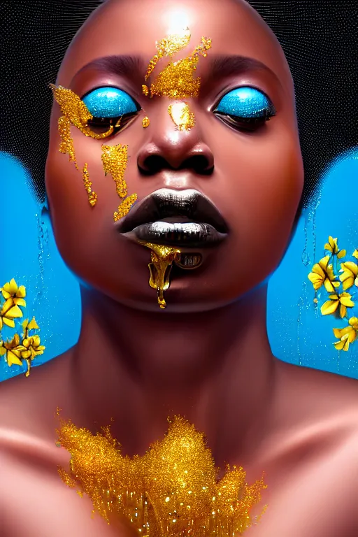 Prompt: hyperrealistic precisionist cinematic profile very expressive! black oshun goddess, in water!! up to shoulders, mirror dripping droplet!, gold flowers, highly detailed face, digital art masterpiece, smooth eric zener cam de leon, dramatic pearlescent turquoise light on one side, low angle uhd 8 k, shallow depth of field