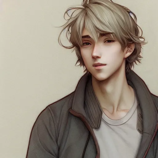 Image similar to young man with short, ash blond greyish hair, light brown eyes, casual clothes, relaxing, happy, path traced, highly detailed, high quality, digital painting, by studio ghibli and alphonse mucha, leesha hannigan, beautiful details, soft and warm