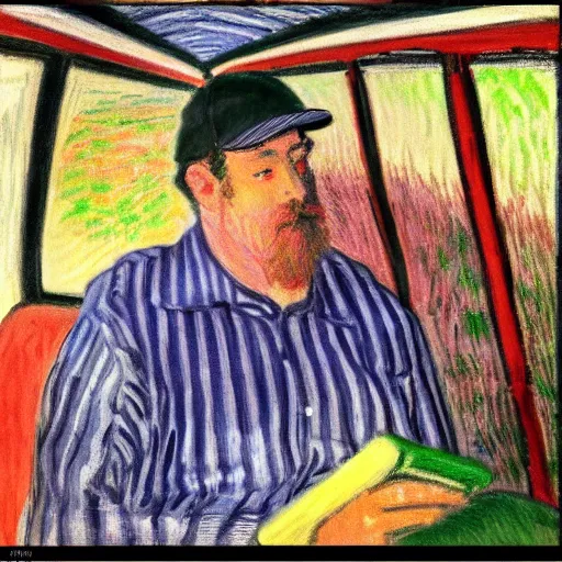 Image similar to guy with baseball hat and striped shirt siting in a bus and looking at his smartphone by monet