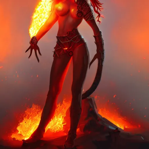 Prompt: Hot fire goddess, skin of flames, body made of fire, wearing armor, rampaging, stormy background, forest fire, breathing fire, fire in hand, concept art, tiny person watching, artstation, 4k