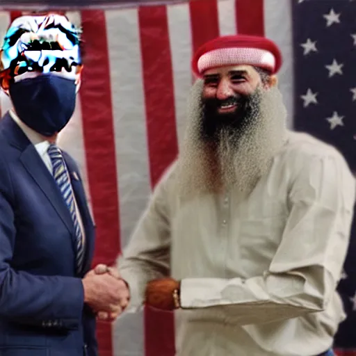 Image similar to photorealistic Joe Biden shaking hands with Osama Bin Laden