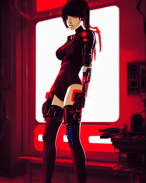 Image similar to a detailed potrait of a cyberpunk cyborg girl with black and red parts, perfect face, realistic shaded perfect face, detailed. night setting. very anime style. realistic shaded lighting poster by ilya kuvshinov katsuhiro, unreal engine, global illumination, radiant light, detailed and intricate environment, full length and white stockings