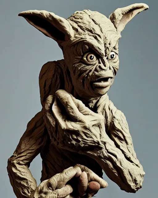 Prompt: 'a textbook page with a picture of a clay sculpture of a goblin' clay sculpture, photograph, zoomed out, trending on tumblr, textbook pages