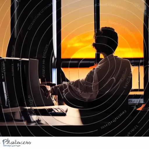 Image similar to friendly avatar computer programmer working late at night sunset outside window headphones terminal