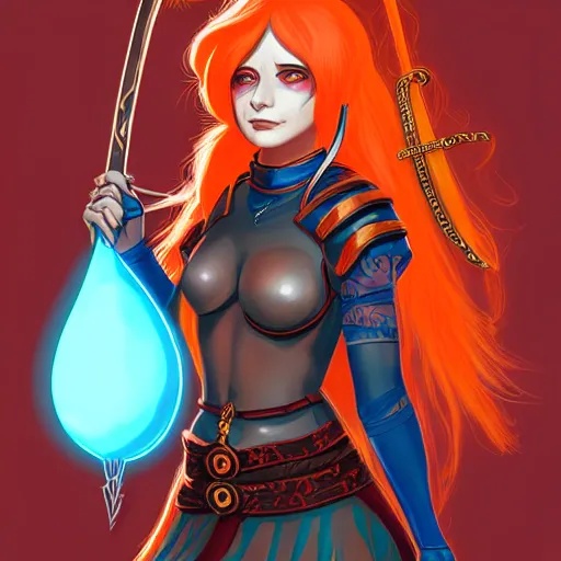 Image similar to illustrated portrait of youthful female feminine horned tiefling female bard with long blue bob cut hairstyle, her skin is orange and tanned, and her eyes are pure black orbs, and she is wearing colorful leather armor by rossdraws,