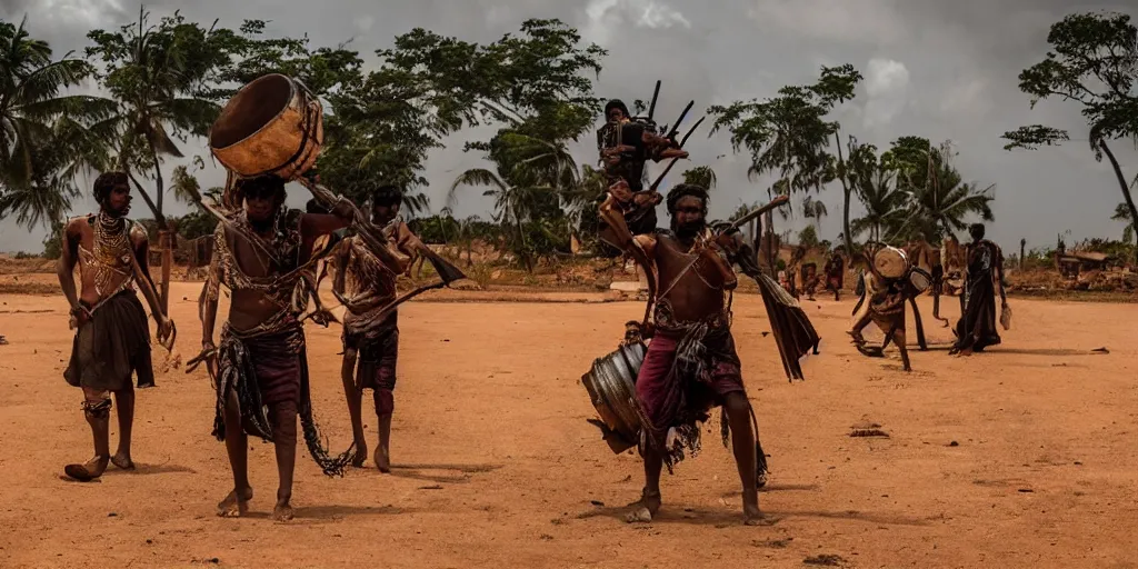 Prompt: sri lankan mad max style, traditional drum player, film still, epic shot cinematography, rule of thirds