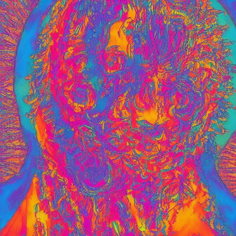 Image similar to human smiling meditating supreme peace immense knowledge infinite color dmt art red pink blue purple red black euphoria