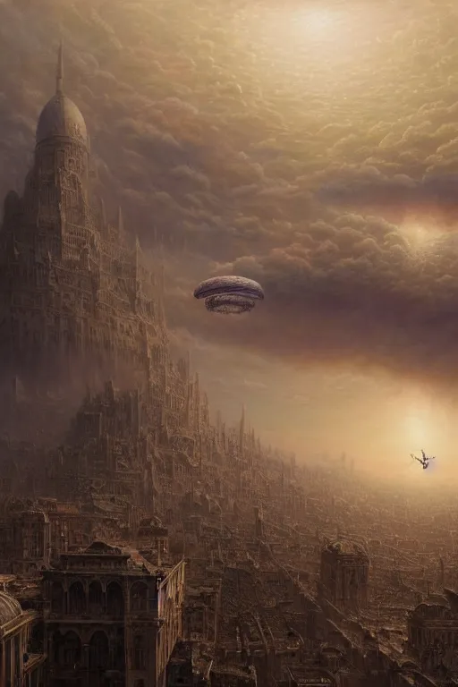 Image similar to a beautiful hyper realistic detailed matte painting of a city floating in the air, flying castle might, vivid color hues, looks like creativity by john howe, greg rutkowski, gustave dore, ferdinand knab, aerial view above a desolate apocalyptic plain, barometric projection, rectilinear, octane render, ellen jewett, beautiful surreal palatial pulsar at dawn