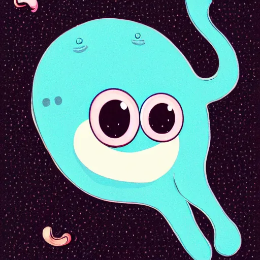 Image similar to a cute illustration of a smiling blobby squid jelly creature with three eyes, two horns on top of his head