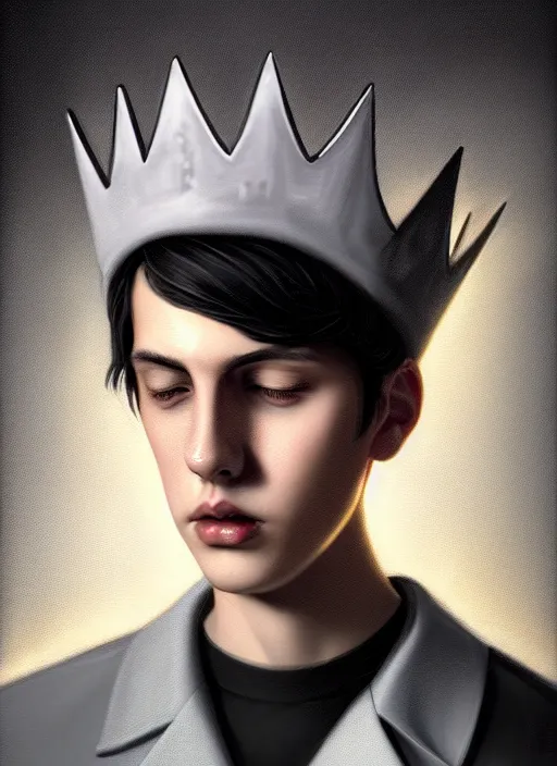 Image similar to portrait of teenage jughead jones wearing a light grey crown, photorealistic, crown, eyes closed, crown, black hair, intricate, elegant, glowing lights, highly detailed, digital painting, artstation, concept art, smooth, sharp focus, illustration, art by wlop, mars ravelo and greg rutkowski