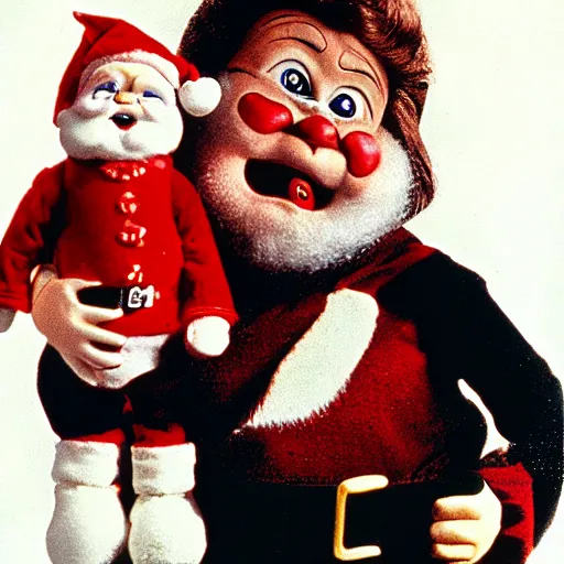 Image similar to santa claus holding chucky the killer doll from the movie child's play