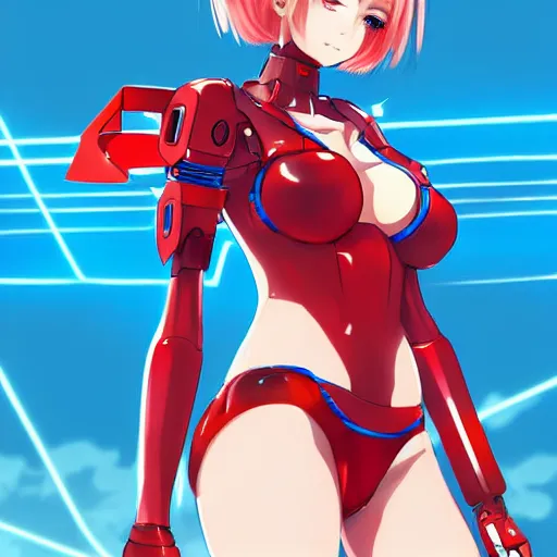 Image similar to digital anime art. full body. cute girl. red mech arms and red mech legs. blue eyes. gold short hair. red bikini. wlop, rossdraws, sakimimichan