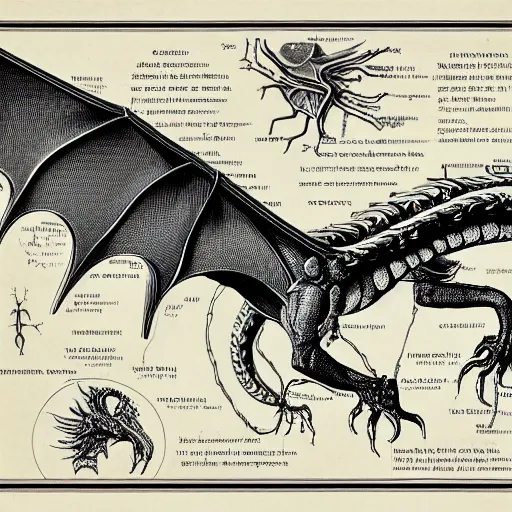 Prompt: a anatomical diagram of a dragon in the style of a victorian science manual, highly detailed, 4k