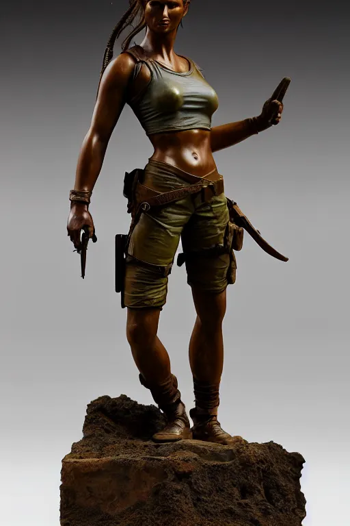 Image similar to detailed studio photo of old bronze patina statue lara croft, full body portrait, various poses, photorealism, intricate detail, museum diffuse lighting