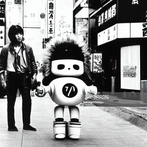 Image similar to 1 9 7 0 s japanese tv show, bw, mechanical creatures walking the streets of shinjuku,