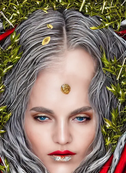 Image similar to glowing silver and golden elements, full close-up portrait, young woman with magical eyes, red lipstick, blonde hair, hood, as a dark witch in front of the full big moon, book cover, green forest, red white black colors, establishing shot, extremly high detail, foto realistic, cinematic lighting, pen and ink, intricate line drawings, by Yoshitaka Amano, Ruan Jia, Kentaro Miura, Artgerm, post processed, concept art, artstation, matte painting, style by eddie, raphael lacoste, alex ross