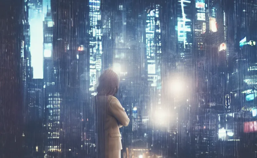 Image similar to a wide shot of a woman with a wool suit, blurred face, wearing an omega speedmaster on her wrist in front of a crowded dystopian city at night with cyberpunk lights