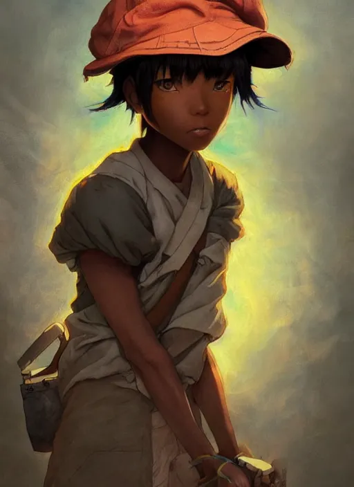 Image similar to prompt : portrait soft light painted by james jean and katsuhiro otomo and erik jones, inspired by akira anime, epic fantasy, a young dark skinned girl with short hair dressed as a boy in plain peasant clothing and a newsboy cap, intricate oil painting, high detail illustration, sharp high detail