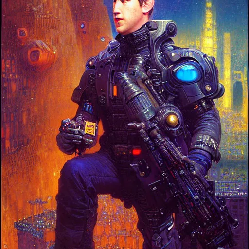 Image similar to portrait of a mark zuckerberg. shadowrun furaffiniy cyberpunk fantasy highly detailed painting by gaston bussiere craig mullins jc leyendecker gustav klimt artgerm greg rutkowski john berkey, bergey, craig mullins, ruan jia, raymond swanland, jeremy mann, tom lovell, alex malveda