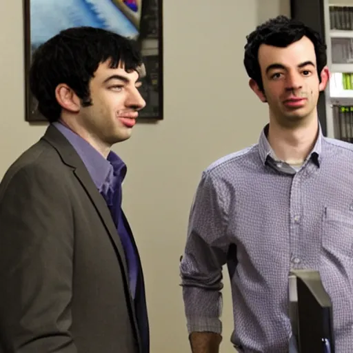 Prompt: Nathan For You, Nathan Fielder, Standing next to Ed Bagley Junior, photo