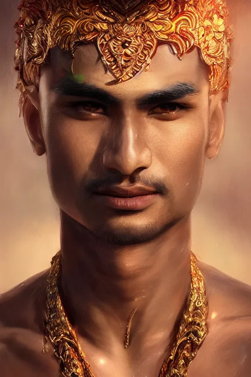 Image similar to stunningly beautiful, male nepali dancer in jungle, symmetrical face, golden hour, smooth, focus, highly detailed, hyper realistic, dramatic lighting, elegant, intricate, concept art, art by wlop, mars ravelo, greg rutowski, artstation