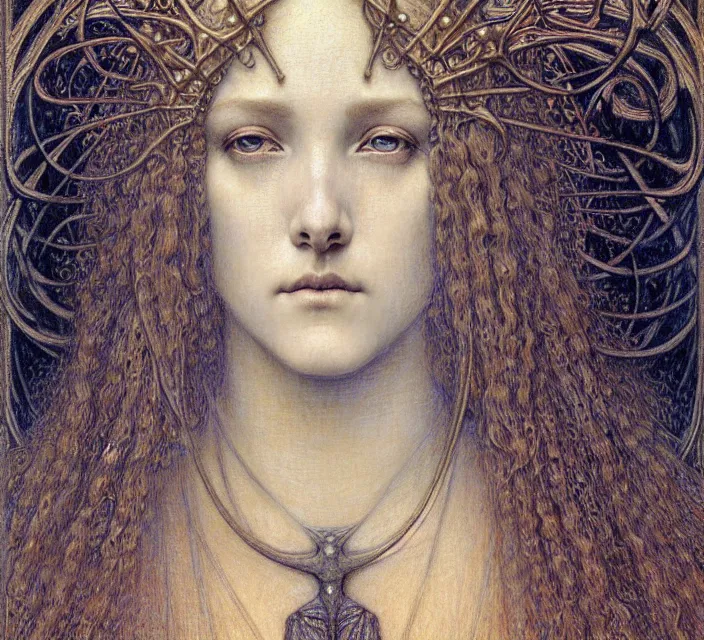 Image similar to detailed realistic beautiful young medieval queen face portrait by jean delville, gustave dore and marco mazzoni, art nouveau, symbolist, visionary, gothic, pre - raphaelite. horizontal symmetry