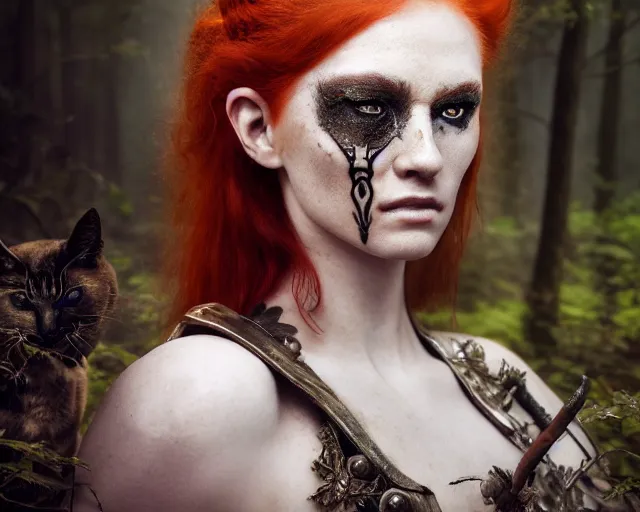 Image similar to 5 5 mm portrait photo of an armored gorgeous anesthetic redhead woman warrior with a face tattoo and cat eyes and horns growing from her head, in a magical forest in the style of greg rutkowski. by luis royo. highly detailed 8 k. intricate. lifelike. soft light. nikon d 8 5 0. cinematic post - processing
