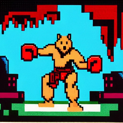 Image similar to full body portrait. 8 bit graphics. antropomorphic muscular masculine wolf, kickboxer fighter, in shorts, in front of destroyed city. wolf head. furr on body. at night. 1 9 8 9