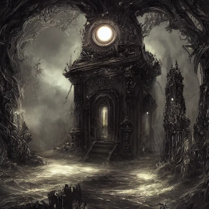 Prompt: ominous mysterious dark etherial gate to the midnight void, midnight lighting, quiet and serene atmosphere, deviantart, official art, concept art, intricate high detail masterpiece