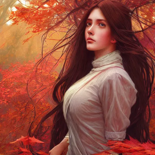 Image similar to girl with super long hair, hair becoming autumn red leaves, intricate, highly detailed, digital painting, artstation, concept art, smooth, sharp focus, illustration, unreal engine 5, 8 k, art by artgerm and greg rutkowski and alphonse mucha