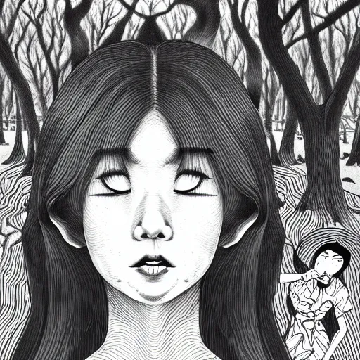 Image similar to in the style of junji ito, artgerm, audrey kawasaki, shinsui ito, transparent ghost screaming, in the woods, moody lighting