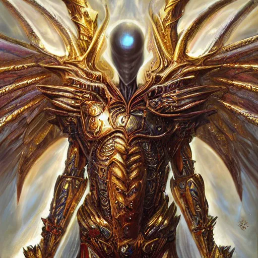 Image similar to a symmetrical muscular full body wearing a dragon armor with wings made of golden ornaments and gems, by alex gray and android jones , Karol Bak, Ayami Kojima, Amano , concept art, character design, fantasy,3D, 8k resolution