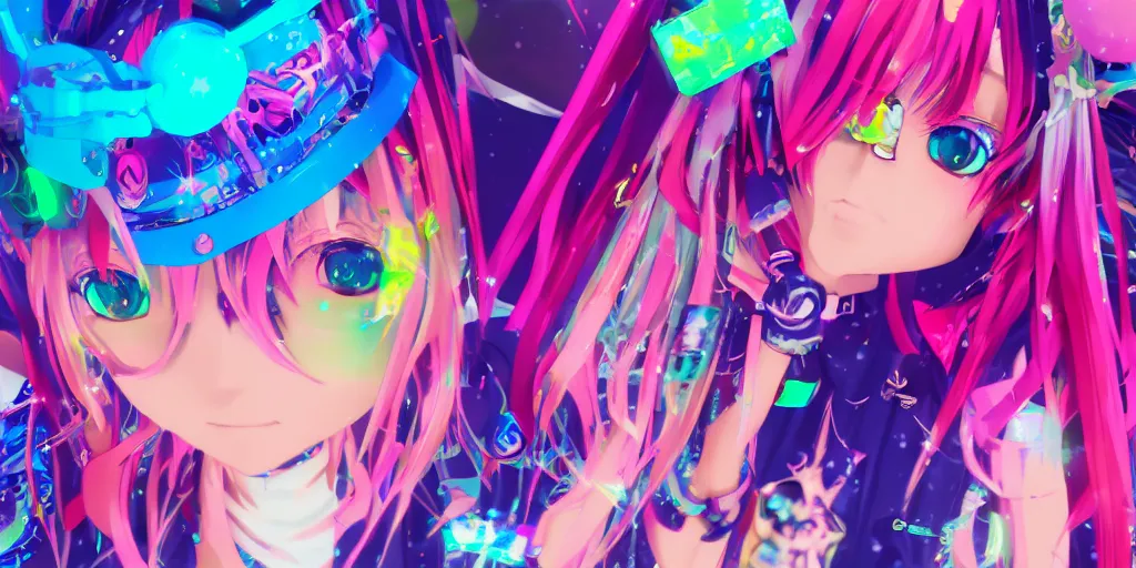 Image similar to 3 d anime decora gyaru kawaii fashion model, v tuber, darling in the frank, asuka, anime best girl, with glitch and scribble effects, psychedelic colors, 3 d render octane, by wlop, wenjr, beeple, artstation, imaginefx